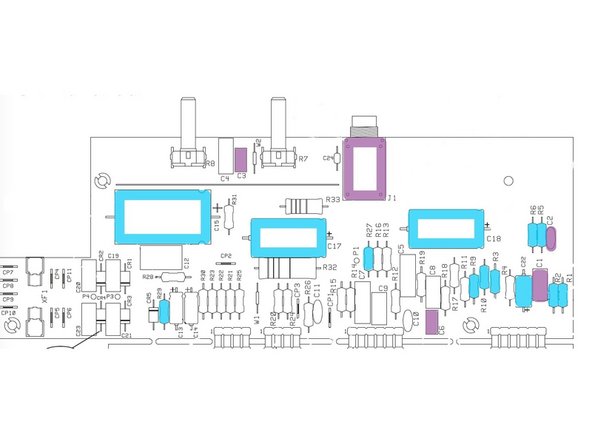 Use de-soldering braid to carefully remove the solder joint and remaining lead on all the components you removed in the previous step (highlighted in blue)