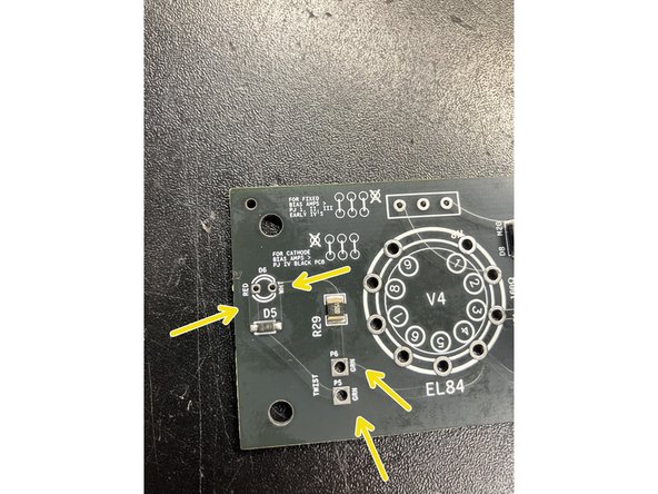 Solder the red and white indicator light wires to the holes marked red and white. These must go in the correct hole or the light will not work.