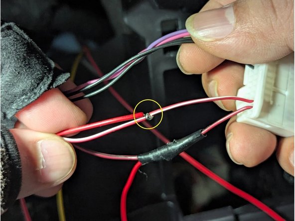 Strip a portion of the RED-WHITE wire (Pin 38) and connect the YELLOW wire (IGNITION). Solder for a secure connection. Insulate with electrical tape.
