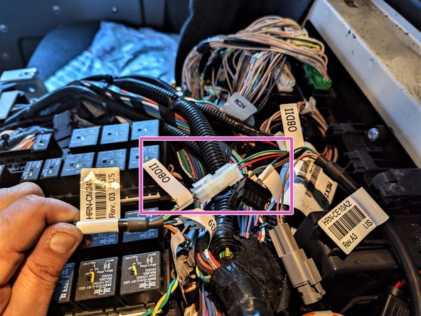 Connect the white 6-pin connector labeled OBD2  from the HRN-CM24Y1 with the mating white 6-pin  connector labeled OBD2 from the HRN-CE10K2.