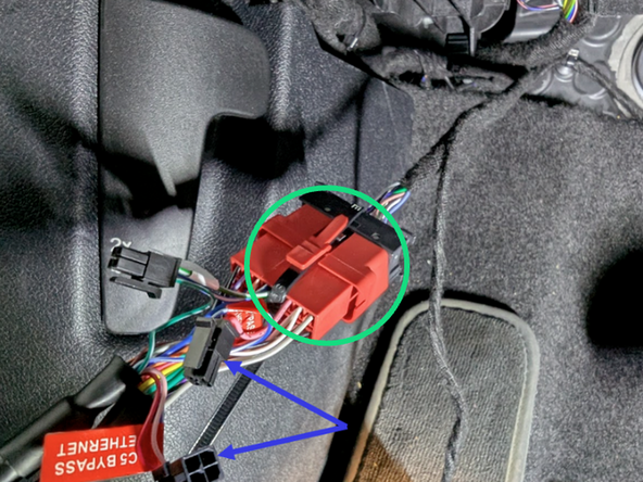 DISCONNECT the ETHERNET BYPASS C3 and C5 connectors on the Geotab harness are unplugged, as shown