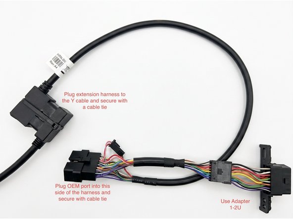 Prepare Harnesses - Plug OEM connector to HRN-GS16K22 and secure it with a cable tie.  Connect the 1 meter extension and secure it with a cable tie.  Using Adapter 1-2U secure that end back under the dash where the OEM connector was removed.