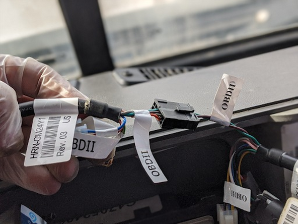 Connect the 12-pin black Molex connector on the HRN-CK10A2 harness (labeled OBDII) to the 12-pin black Molex connector on the HRN-CM24Y1 harness (labeled OBDII).