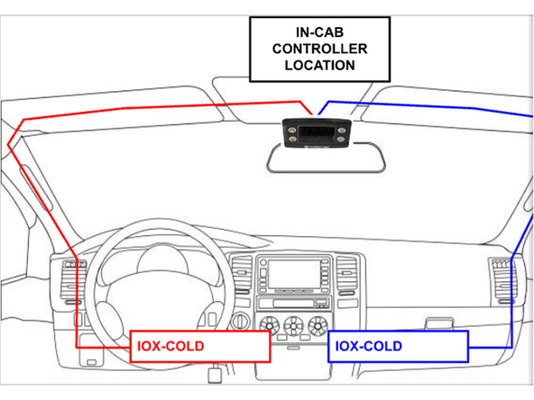 Route the HRN-CCTKCSR to the in-cab controller location. If the controller is near the rear-view mirror, route the harness through one of the vehicle cabin columns, depending on where the IOX-COLD and GO device will be installed.