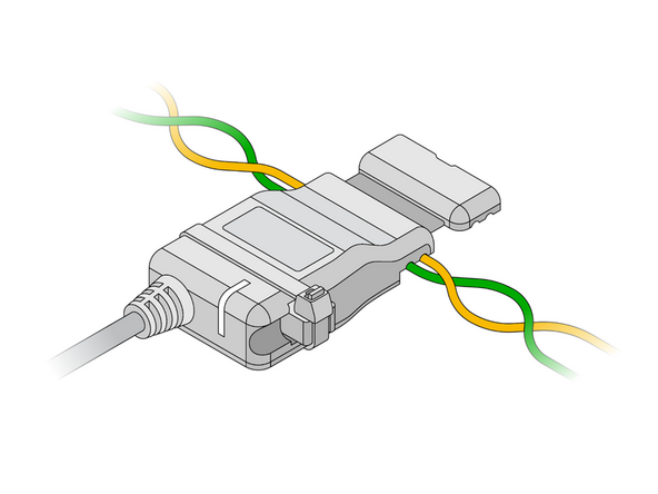 Open the clamp and insert the wires into either of the device cavities.