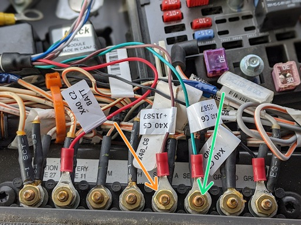 Connect the brown wire on the HRN-CK10A2 harness (labeled +J1587) to the fifth pin on the bus bar (labeled Serial A).