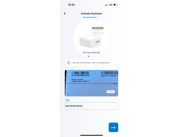 Scan the Serial number with the camera or enter it manually.