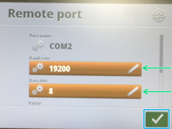 Set the [Baud rate] to &quot;19200&quot; and the [Data bits] to &quot;8&quot;.