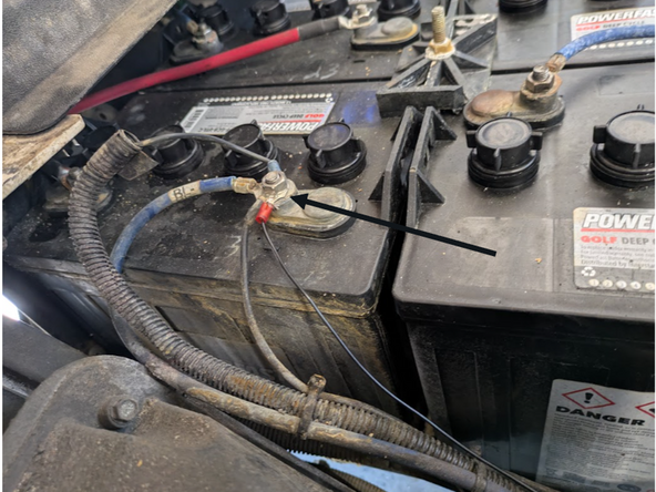 Connect the red wire from the HRN-RW03K4 harness to the battery POSITIVE.