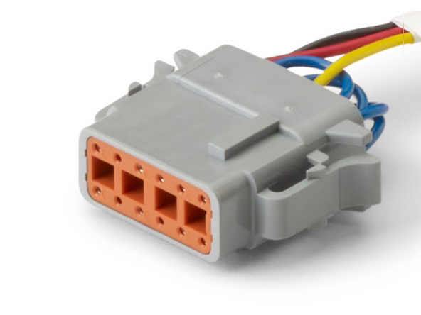 Route the gray 3-wire connector branch of the HRN-RCCCAAPX harness toward the GO RUGGED device , taking into account its placement. If required, use a cable guide to feed it through the original unit harness.