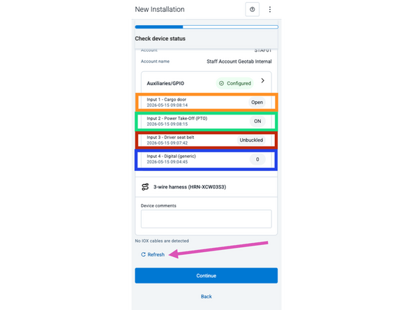 Once the calibration is complete, you will be returned to the Connected Equipment screen, the current status of each input is displayed: