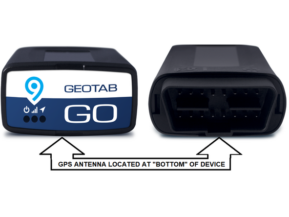 The GPS-antenna is located at the “underside” of the Geotab device. Take care when securing the device into the vehicle, that this side is facing away from any metal surface