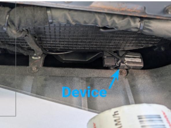 Secure GO device to metal brace using 2 cable ties making sure the GPS antenna (serial number) points toward the back of the vehicle.