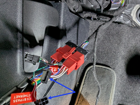 Disconnect the ETHERNET BYPASS C3 and C5 connectors on the Geotab harness are unplugged, as shown