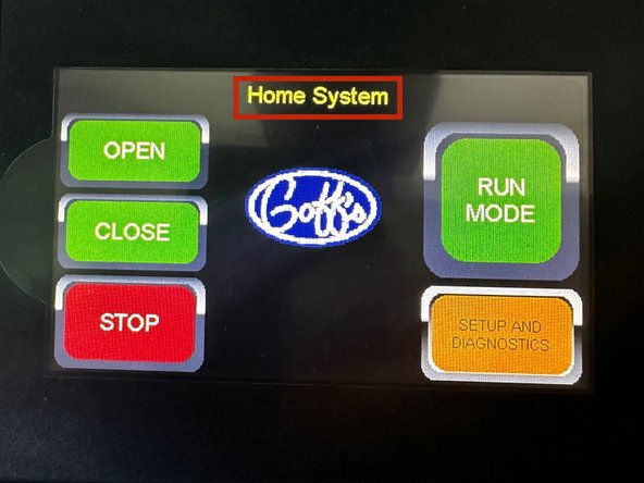 If your door was previously operational, and you now see &quot;Home System&quot; in the message bar, it indicates that there was power loss to the encoder, and the encoder/system needs to be re-homed.