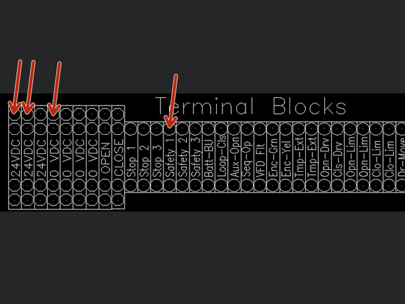 REMOVE FACTORY JUMPER BETWEEN 24VDC AND SAFETY 1 TO INSTALL A SINGLE SAFETY DEVICE.