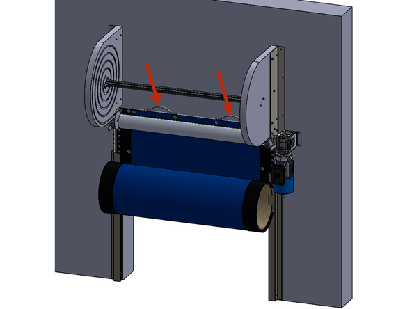 Using the grab-handles on the leading edge of the curtain assembly, pull the curtain up and into the drive gears, through the opening in the front of the tracks, so that the curtain is behind the roll tube.