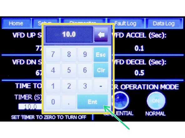To Turn On and Adjust the Timer: Press the number (10.0 in picture) below &quot;Timer (s)&quot; text. A Pop-up Keypad is displayed.