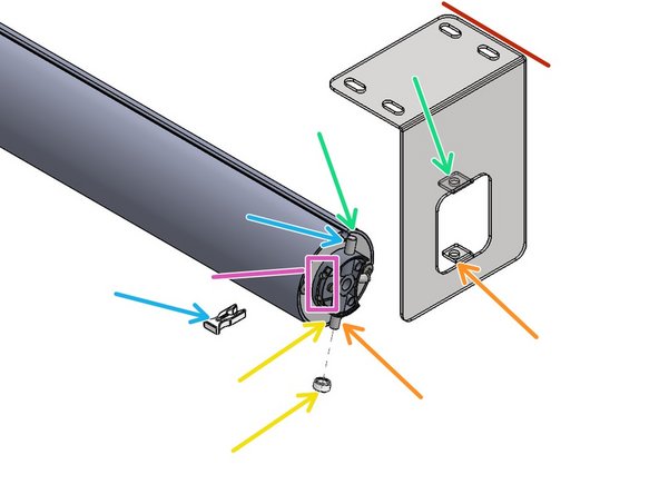 Lay the Roll tube on a flat work surface. Orient the Yellow Motor adjustment Buttons generally toward the Front or Bottom for easiest access when mounted. Orient the flange of the Motor Mounting Bracket to Top (for Ceiling Mount) or Back (for Wall Mounting).