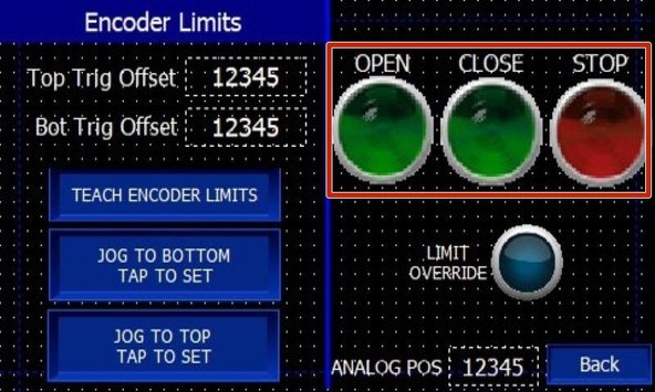 The OPEN and CLOSE Buttons (ON THIS SCREEN ONLY) are Constant Pressure. They will Operate the Door as long as they are Held. Once Released, the Door will Stop.