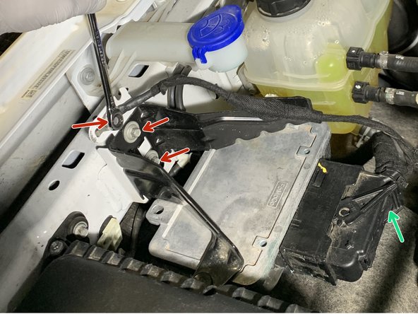 Unplug the PCM unit and install PCM onto the PCM Mounting Bracket Assembly using three of the provided M6x1.0 20mm Carriage Bolts using a washer under the nylock nuts with a 10mm socket/wrench.