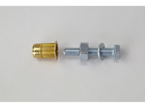 Assemble the rivet nut as shown with the M8 x 40mm hex head holt, M8 washer, M10 nut, and rivet nut, and insert it into the hole drilled earlier.