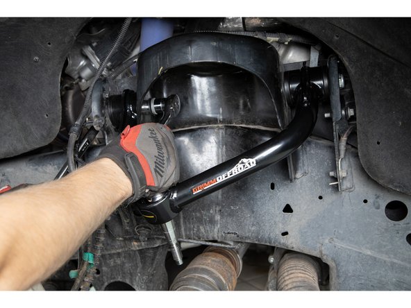 Install the Grimm OffRoad Upper Control Arms onto the vehicle. Note the orientation of the arms, the uniball should be closer to the rear of the vehicle.