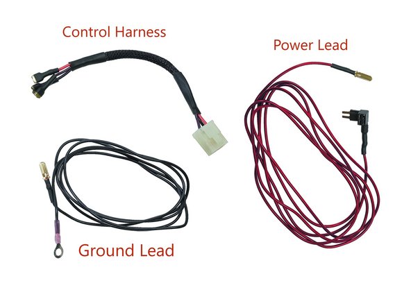 Locate the Grimm OffRoad short control harness, ground lead, and power lead as shown.