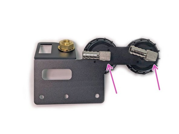 Thread the two 1/4” NPT x female barb fittings onto the ARB filter nipples and tighten by hand. Match the alignment of the barbed fittings as shown in picture above.