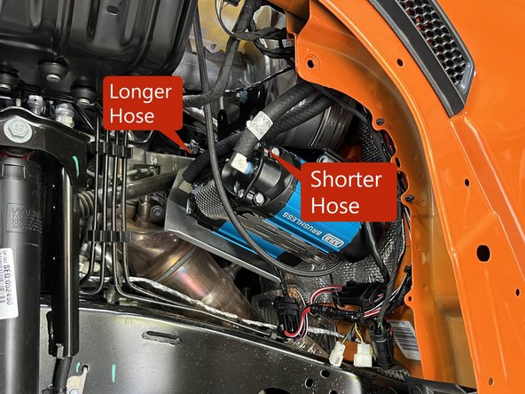 Install the supplied filter relocation hoses onto the barb fittings on the compressor. The longer of the two hoses connect to the innermost fitting, the shorter connects to the outer fitting.
