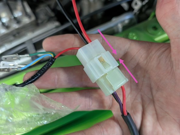 Connect the white connector housing with inserted spade terminals to the Grimm OffRoad provided Control Harness.