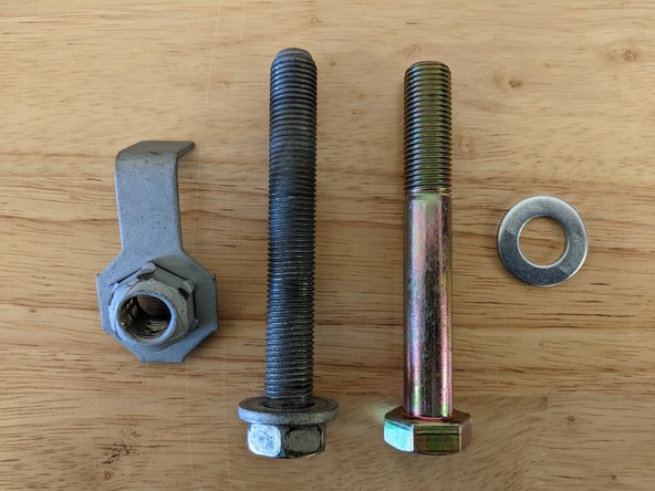 Remove one bolt at a time and replace with an M14-1.5 x 100mm bolt and washer, reusing the stock flag nut.