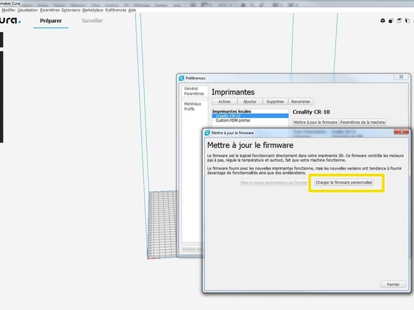 Connectez votre imprimante en USB, mettez la sous tension. Ouvrir Cura, Cliquez  sur l'onglet &quot;Préférences&gt;Imprimantes&quot;, choisir &quot;Creality Cr10&quot; et Cliquez sur &quot;Mettre à jour le firmware.&quot;