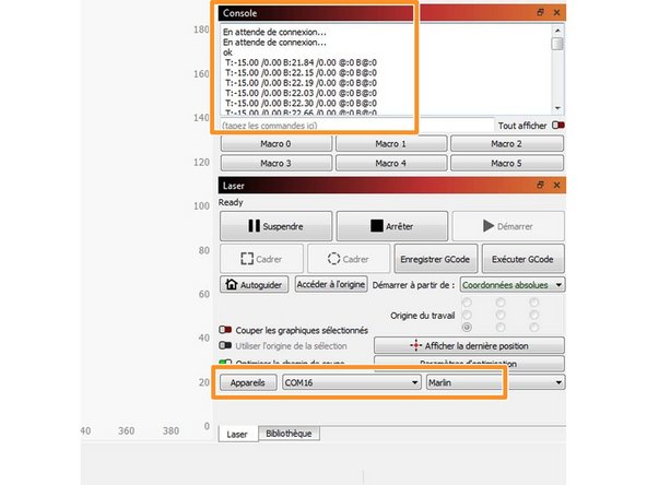 Ouvrer le logiciel. Cliquer sur le bouton Créer manuellement . Choississer Marlin pour le controleur. Mode de connexion USB. rentrer les dimensions de la zone de travail en X et Y  de votre imprimante. Origine Avant gauche . Cliquer sur Terminer