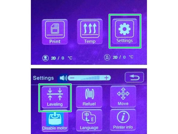 Allumez l'imprimante. Appuyez sur  Settings&gt;Leveling