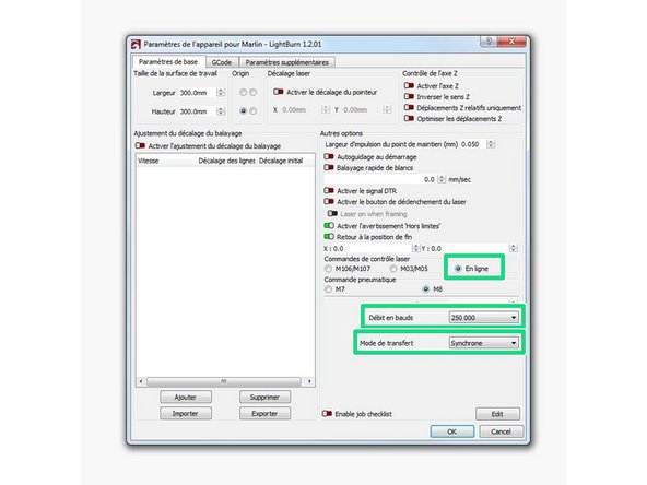 Dans l'onglet Parametres de base&gt;Commandes de controle laser&gt; cliquer sur En ligne