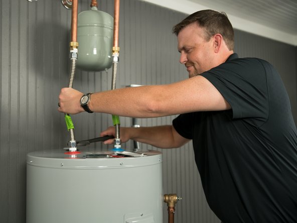 Connect the hot water supply using a 3/4&quot; NPT threaded adapter to the outlet connection on the water heater marked “H” (HOT).