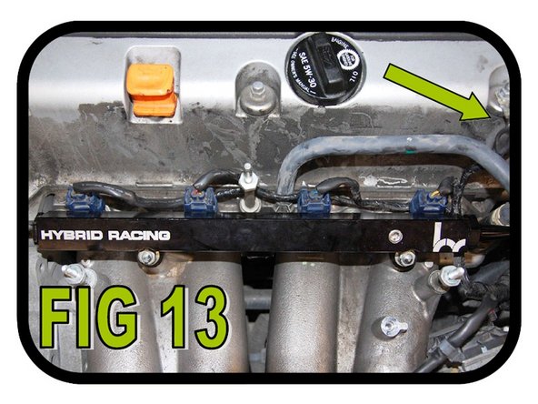 Plug all four (4) injectors back in. Then, using a 10 mm socket, remove the cap nut on the valve cover. Relocate the injector ground wire to that stud and tighten the cap nut back on top as shown in FIG 13. Note: if the correct wire is not on the corresponding injector the car will not run correctly.