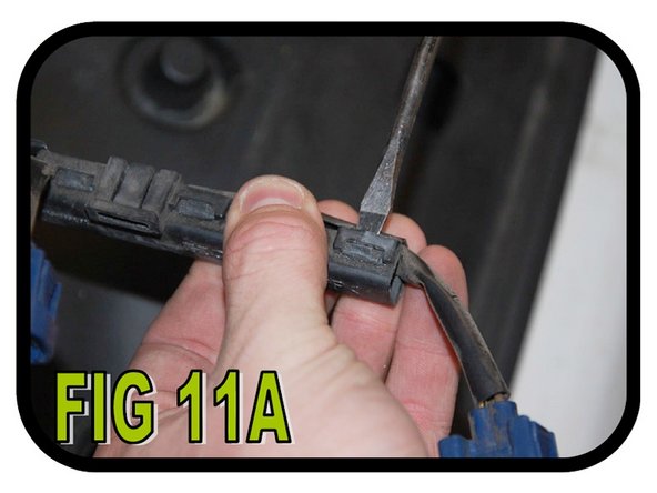Next we need to remove the plastic cover on the injector wiring harness so we can relocate it. Using a flat head, pry each clip apart and remove the cover as shown in FIG 11A and FIG 11B.