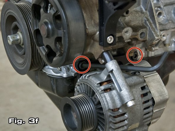 After all 3 alternator mounting bolts have been installed, first tighten all 3 alternator mounting bolts. Finally, tighten the 2 black alternator bracket mounting bolts. For best results, use a ballnose 8 mm or 5/16” allen wrench as shown in Figure 3f.