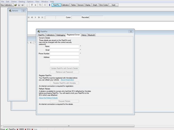 Click on the Flashpro button at the top of the Flashpro manager. This will open up the window to fill out information to register with Hondata.