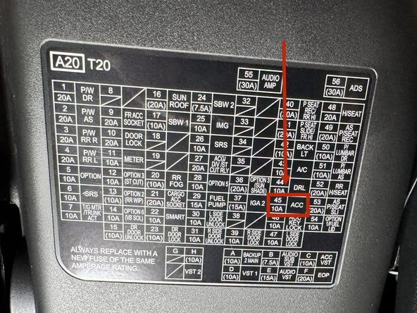 Remove Fuse 45 - ACC and install the line and fused link.