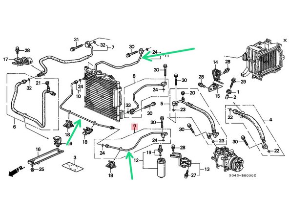 The lines that are highlighted in Green stay in the car. Their part numbers are 80343-S01-A01, 80342-S01-A01, and 80341-S01-A01. If you do not have them you need to get them.