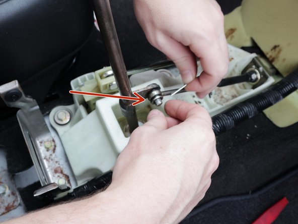 Disconnect both shifter cables. You may need to use pliers to get the OEM cotter pin out. Shown is the Hybrid Racing shifter cable inserts, (HYB-SCB-01-05)