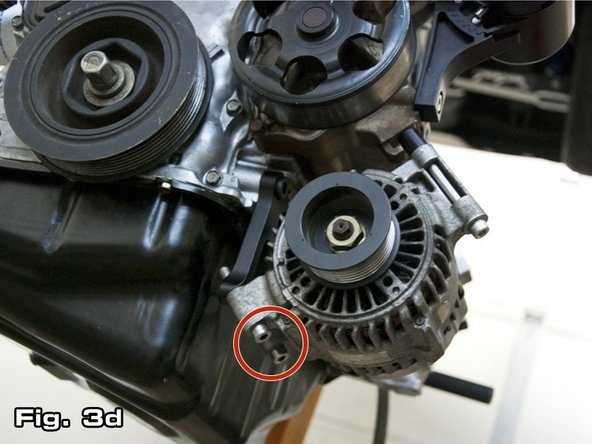 Next, affix the lower two (2) alternator mounting points to the alternator bracket as shown in Figure 3d. Some applications may require the use of the two (2) supplied short, black spacers between the alternator and bracket as shown in Figure 3e.