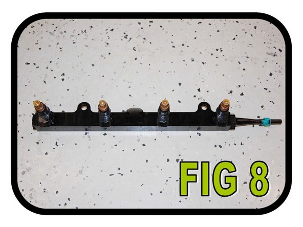 Install the four (4) injectors into your Hybrid Racing fuel rail. Once this is done it should appear as the one in FIG 8. Note: Spread some oil on the O-ring with your finger before installing the injectors to help them slide in without getting cut.