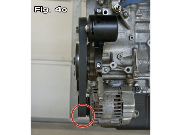Because the alternator pulley is shifted back in its new location, the belt should wrap around the 6 ribs on the crank closest to the engine (see Figure 4bi and the 6-ribs on the alternator pulley furthest from the alternator (see Figure 4c).