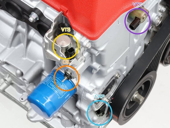 Plug in the VTEC solenoid valve (labeled VTS, yellow ring) on the side of the head above the oil filter.