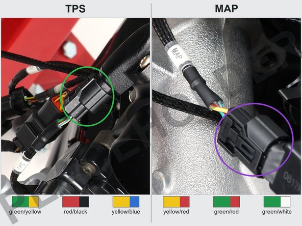 Plug in the MAP sensor (labeled MAP, violet ring) on the manifold flange behind the throttle body.