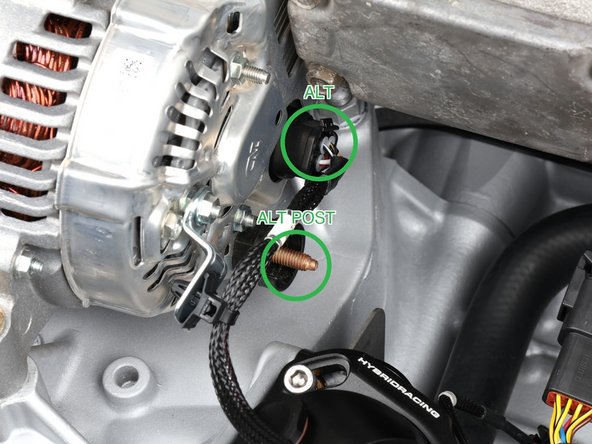 Plug the alternator connector (labeled ALT, green ring) into the back of the alternator.